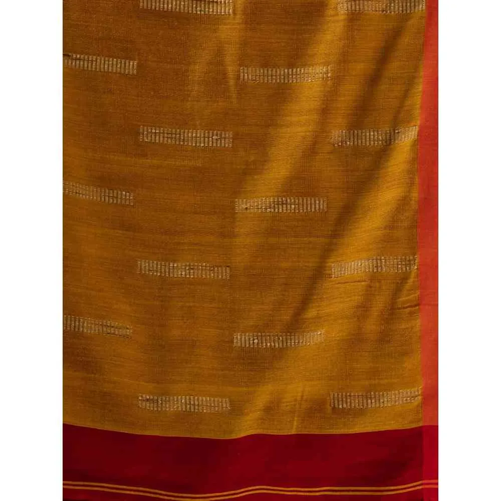 Angoshobha Red Cotton Blended Temple Border Jamdani Saree with Unstitched Blouse