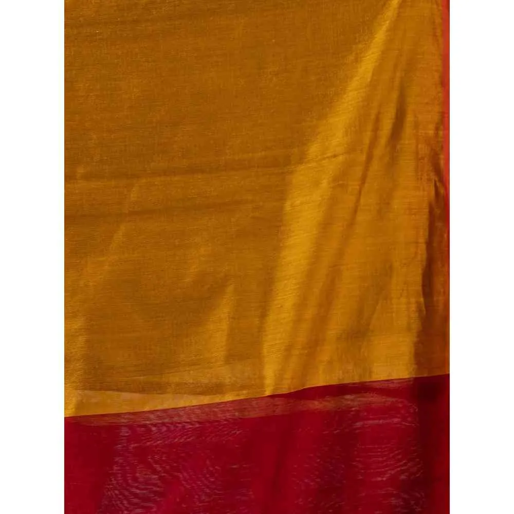 Angoshobha Red Cotton Blended Temple Border Jamdani Saree with Unstitched Blouse