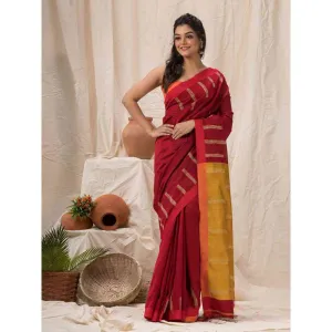 Angoshobha Red Cotton Blended Temple Border Jamdani Saree with Unstitched Blouse