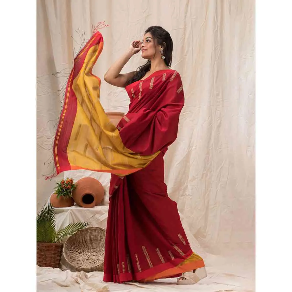 Angoshobha Red Cotton Blended Temple Border Jamdani Saree with Unstitched Blouse