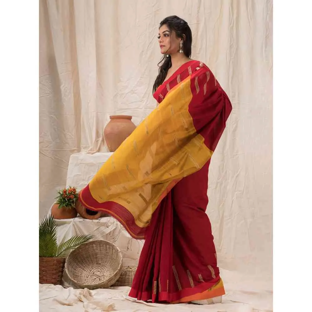 Angoshobha Red Cotton Blended Temple Border Jamdani Saree with Unstitched Blouse