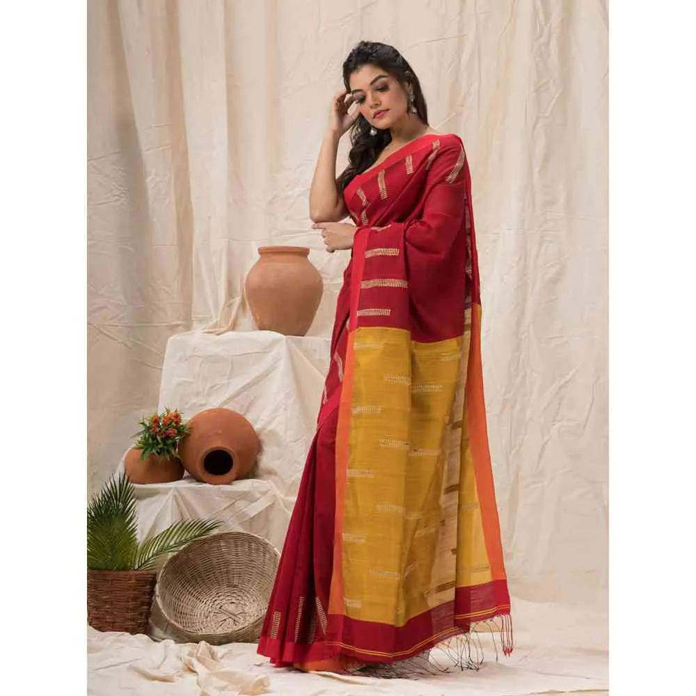 Angoshobha Red Cotton Blended Temple Border Jamdani Saree with Unstitched Blouse