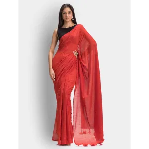 Angoshobha Red Handloom Traditional Molmol Cotton Saree with Unstitched Blouse