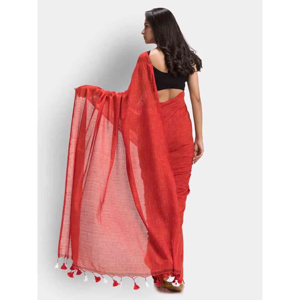 Angoshobha Red Handloom Traditional Molmol Cotton Saree with Unstitched Blouse