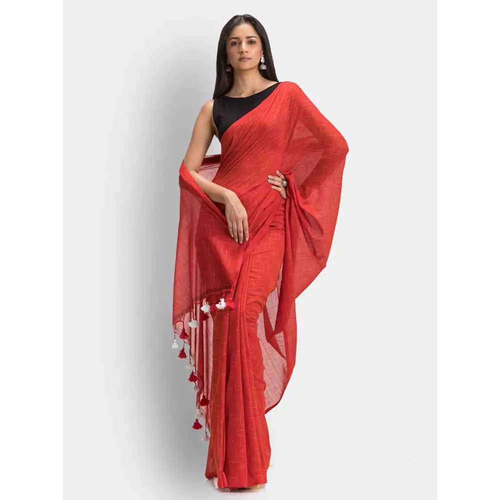 Angoshobha Red Handloom Traditional Molmol Cotton Saree with Unstitched Blouse
