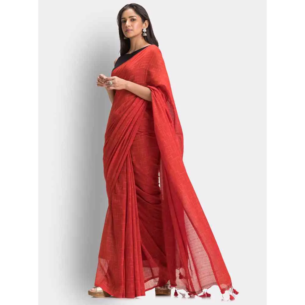 Angoshobha Red Handloom Traditional Molmol Cotton Saree with Unstitched Blouse