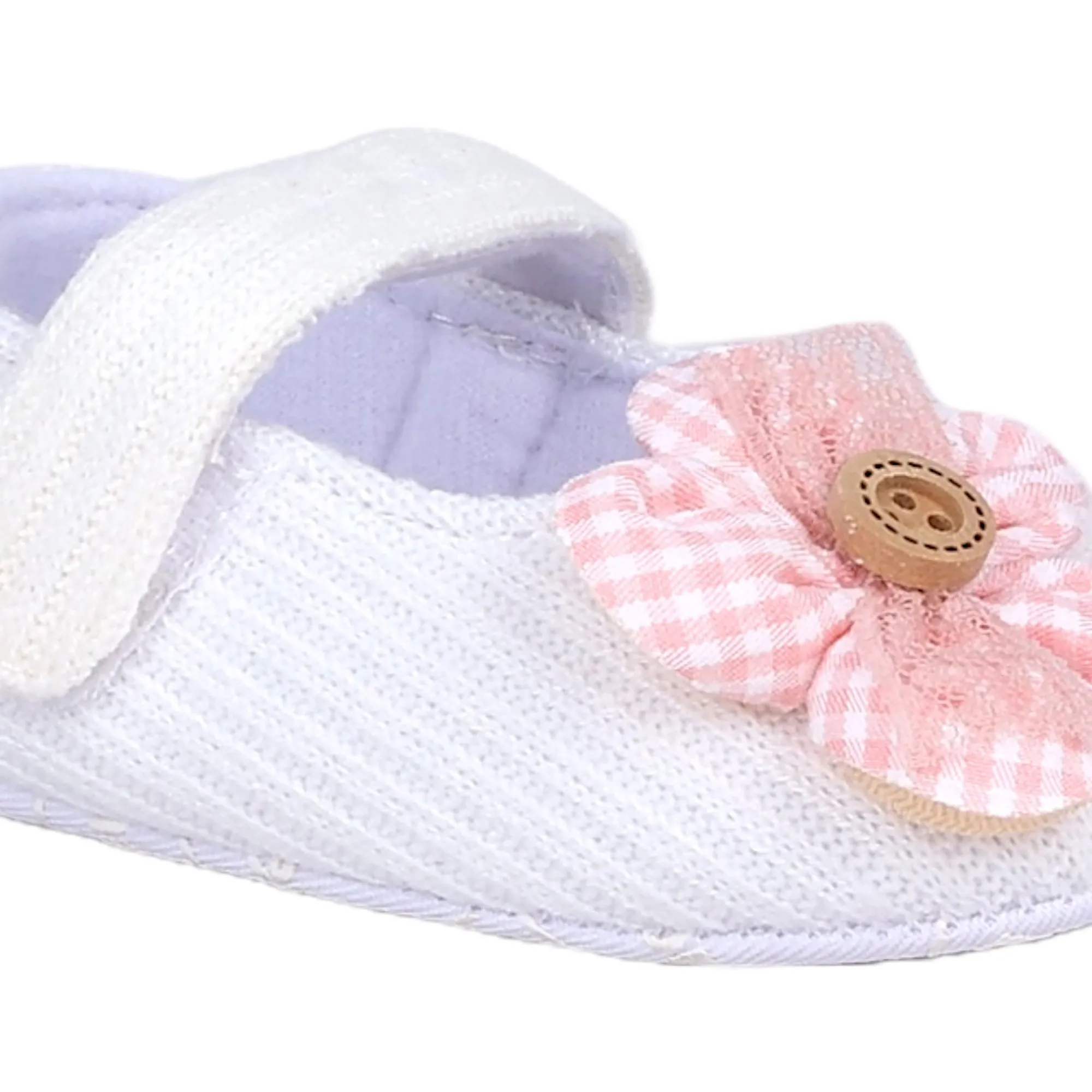 Baby Moo Flower Button Velcro Strap Ribbed Anti-Skid Ballerina Booties - White