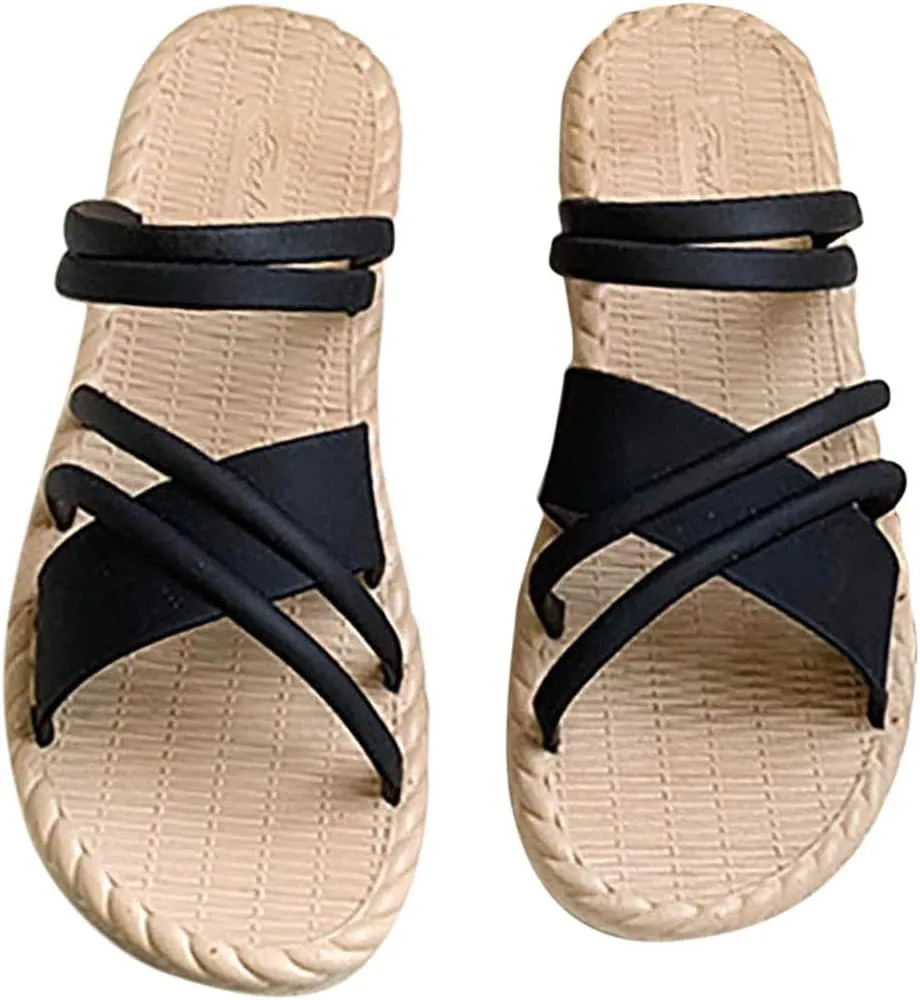 Cross Straps Sandals for Women Flats Casual Summer Open Toe Hollow Out Slip-on Slipper Solid Lightweight Comfy Outdoor Non-Slip Shoes Slides