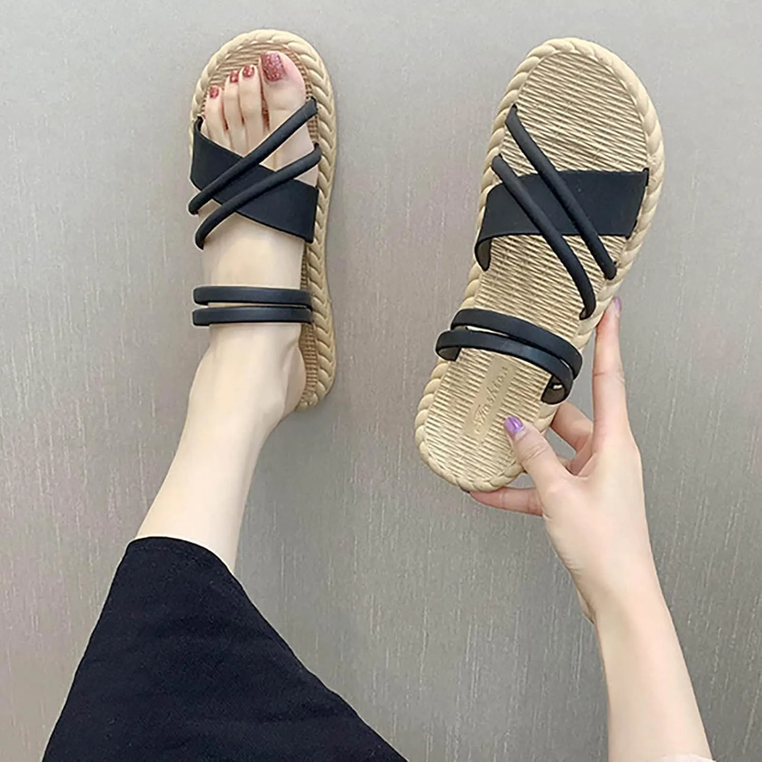 Cross Straps Sandals for Women Flats Casual Summer Open Toe Hollow Out Slip-on Slipper Solid Lightweight Comfy Outdoor Non-Slip Shoes Slides