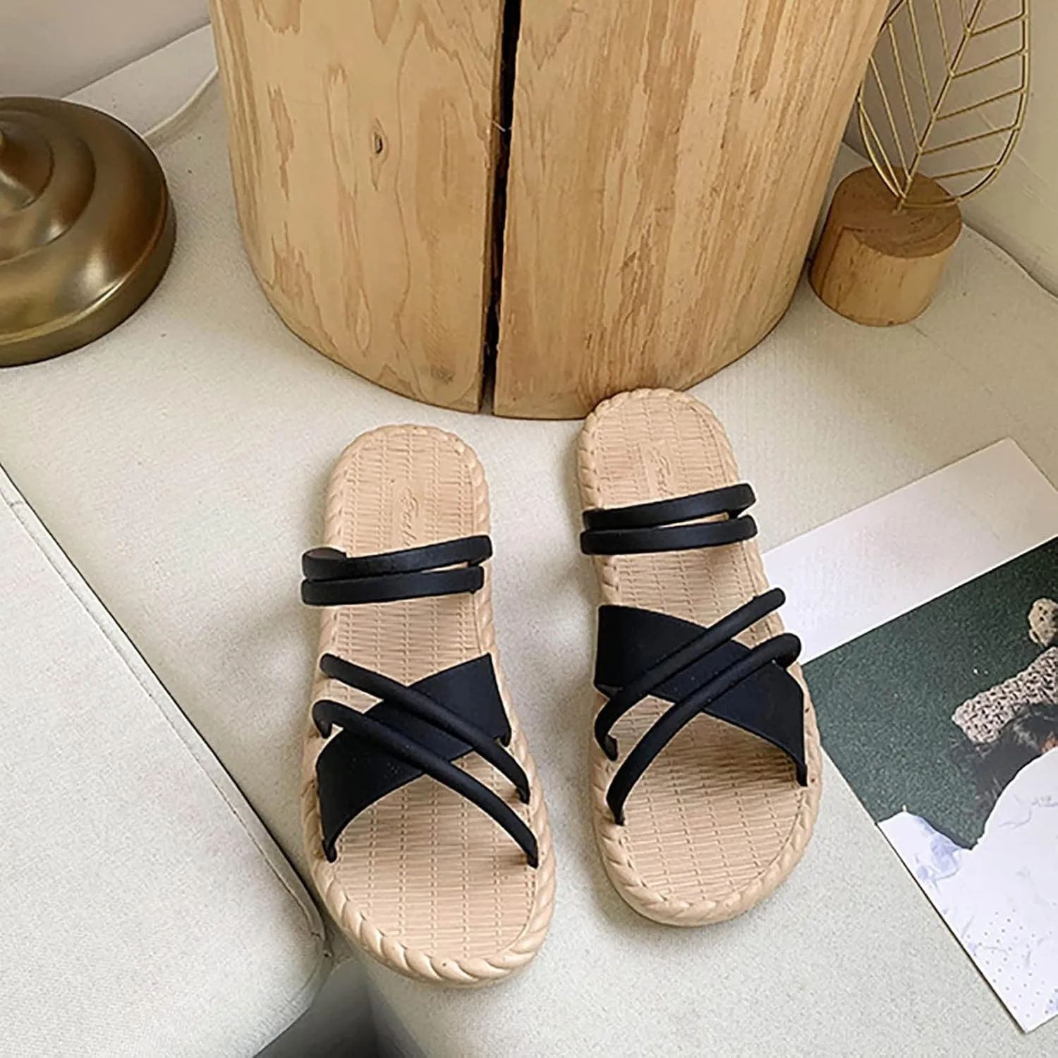 Cross Straps Sandals for Women Flats Casual Summer Open Toe Hollow Out Slip-on Slipper Solid Lightweight Comfy Outdoor Non-Slip Shoes Slides