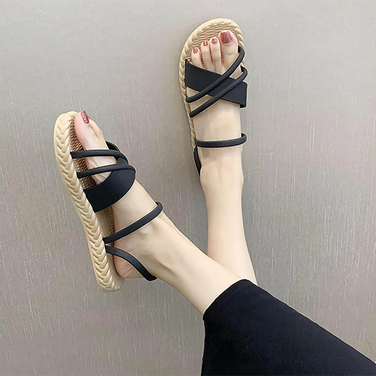 Cross Straps Sandals for Women Flats Casual Summer Open Toe Hollow Out Slip-on Slipper Solid Lightweight Comfy Outdoor Non-Slip Shoes Slides