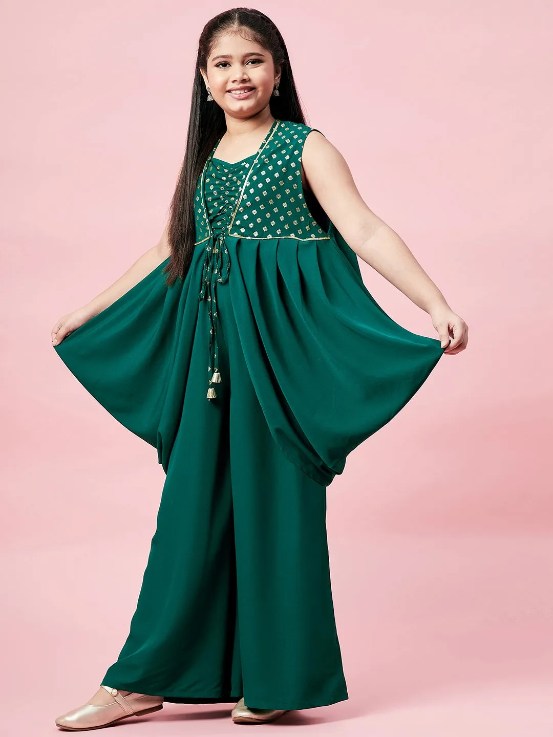 Girl's Printed Kurti Set Bottle Green - StyloBug KIDS