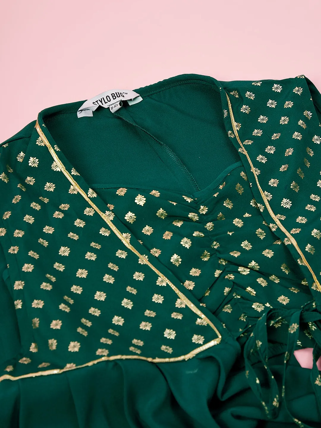 Girl's Printed Kurti Set Bottle Green - StyloBug KIDS