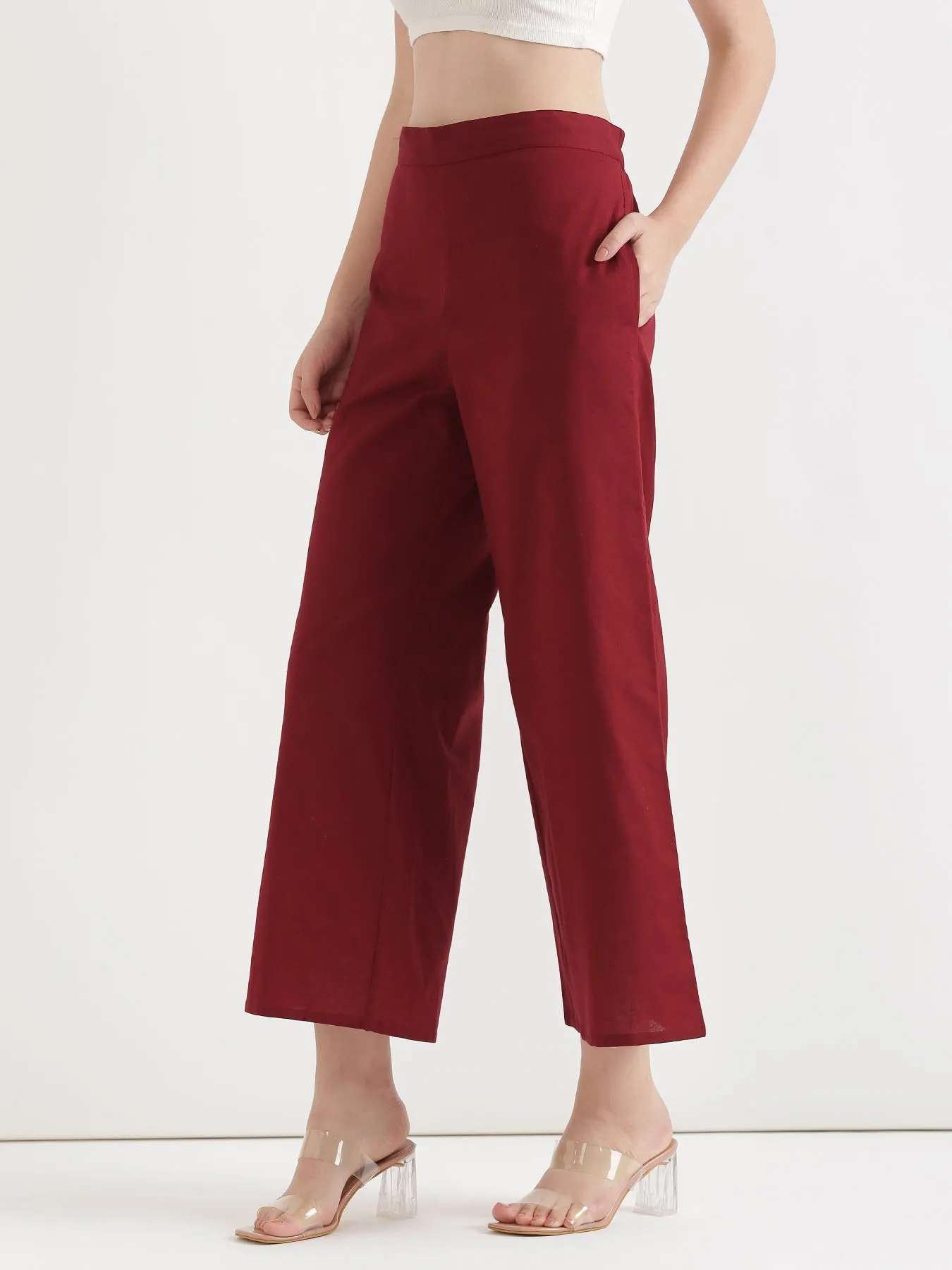 Maroon Airy Linen Wide Leg Pant