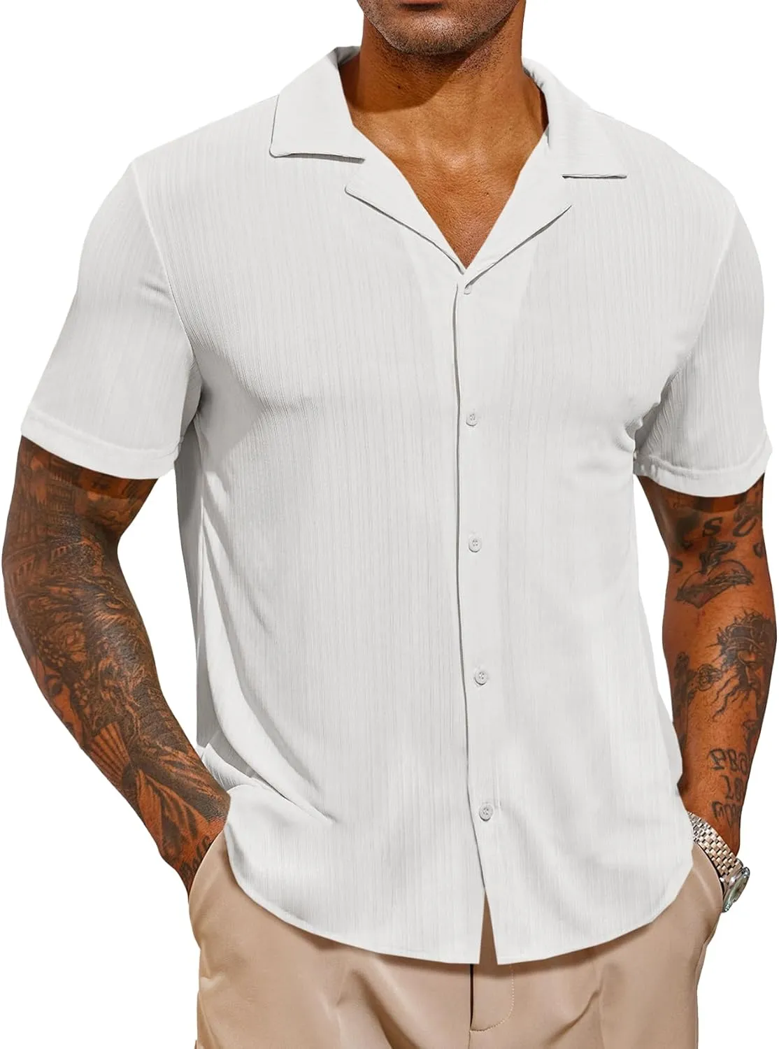 Runcati Mens Casual Button Down Shirts Short Sleeve Cuban Collar Textured Shirt Beach Summer Stretch Tops