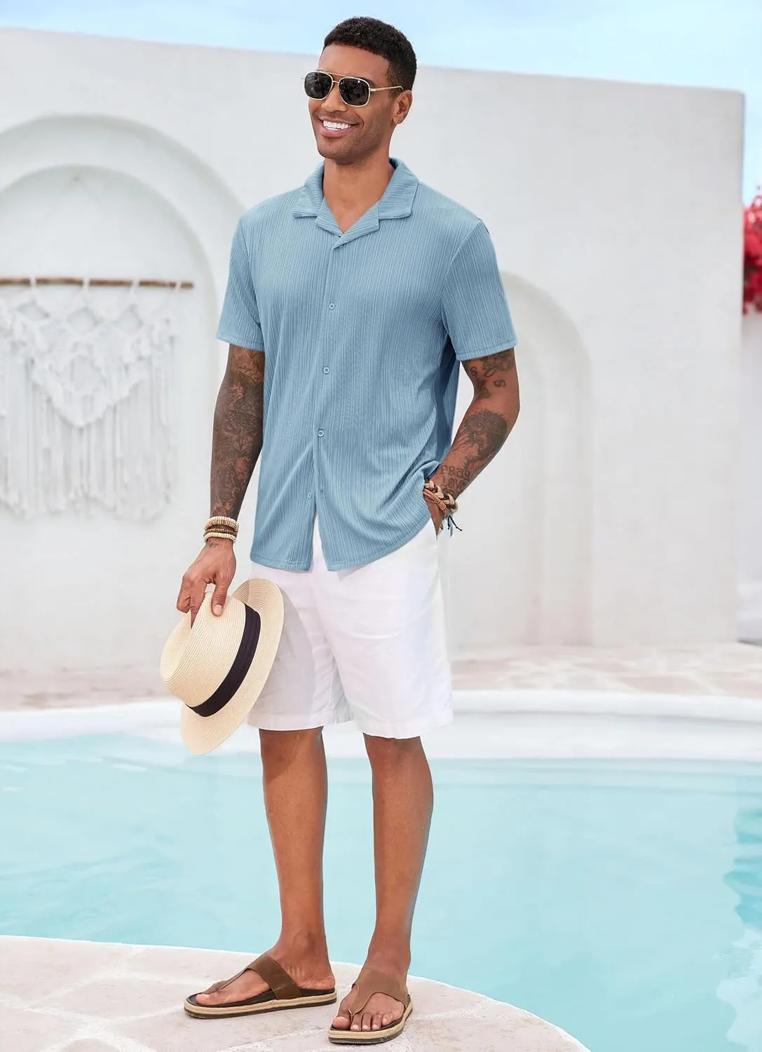 Runcati Mens Casual Button Down Shirts Short Sleeve Cuban Collar Textured Shirt Beach Summer Stretch Tops