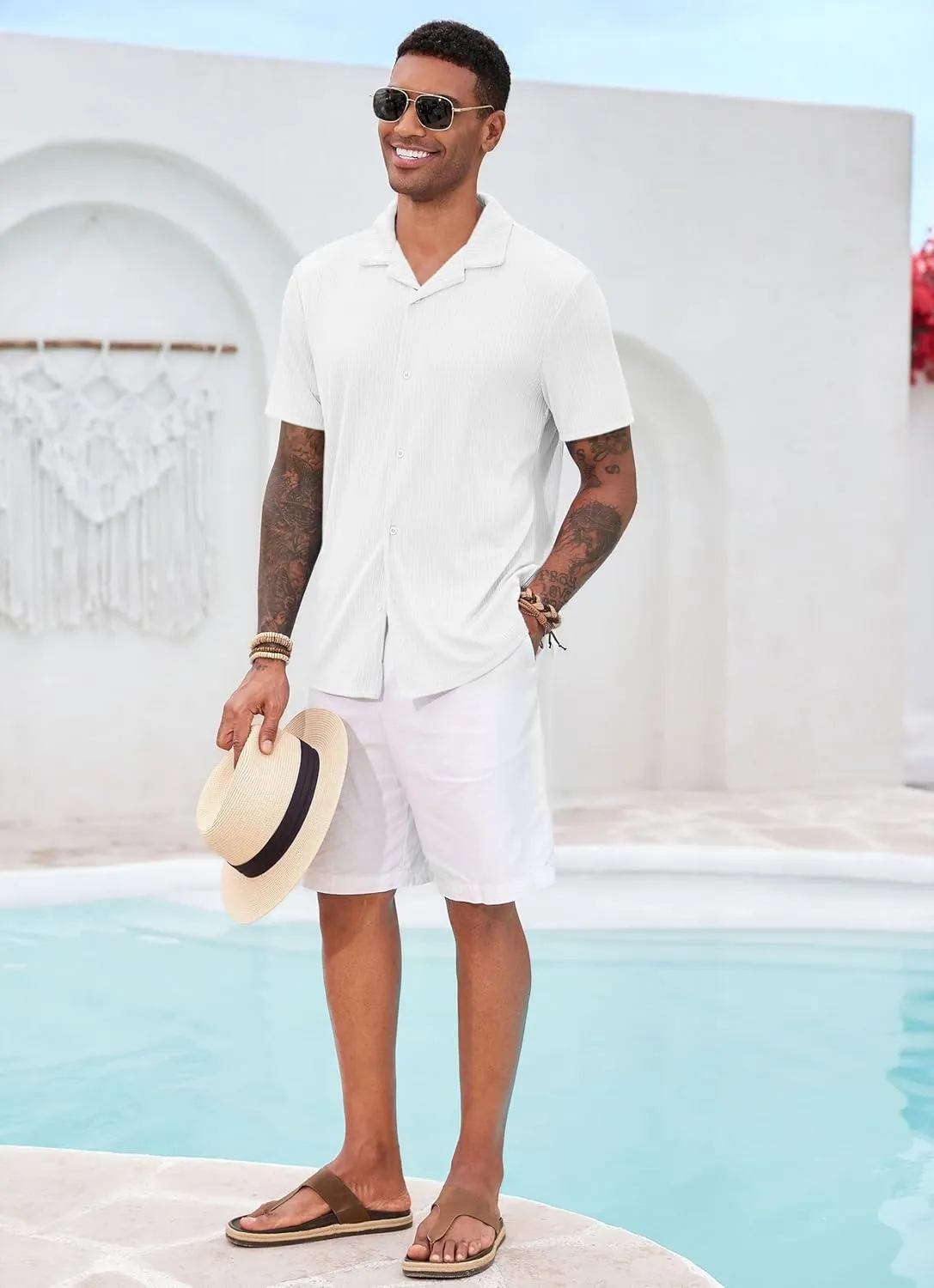Runcati Mens Casual Button Down Shirts Short Sleeve Cuban Collar Textured Shirt Beach Summer Stretch Tops