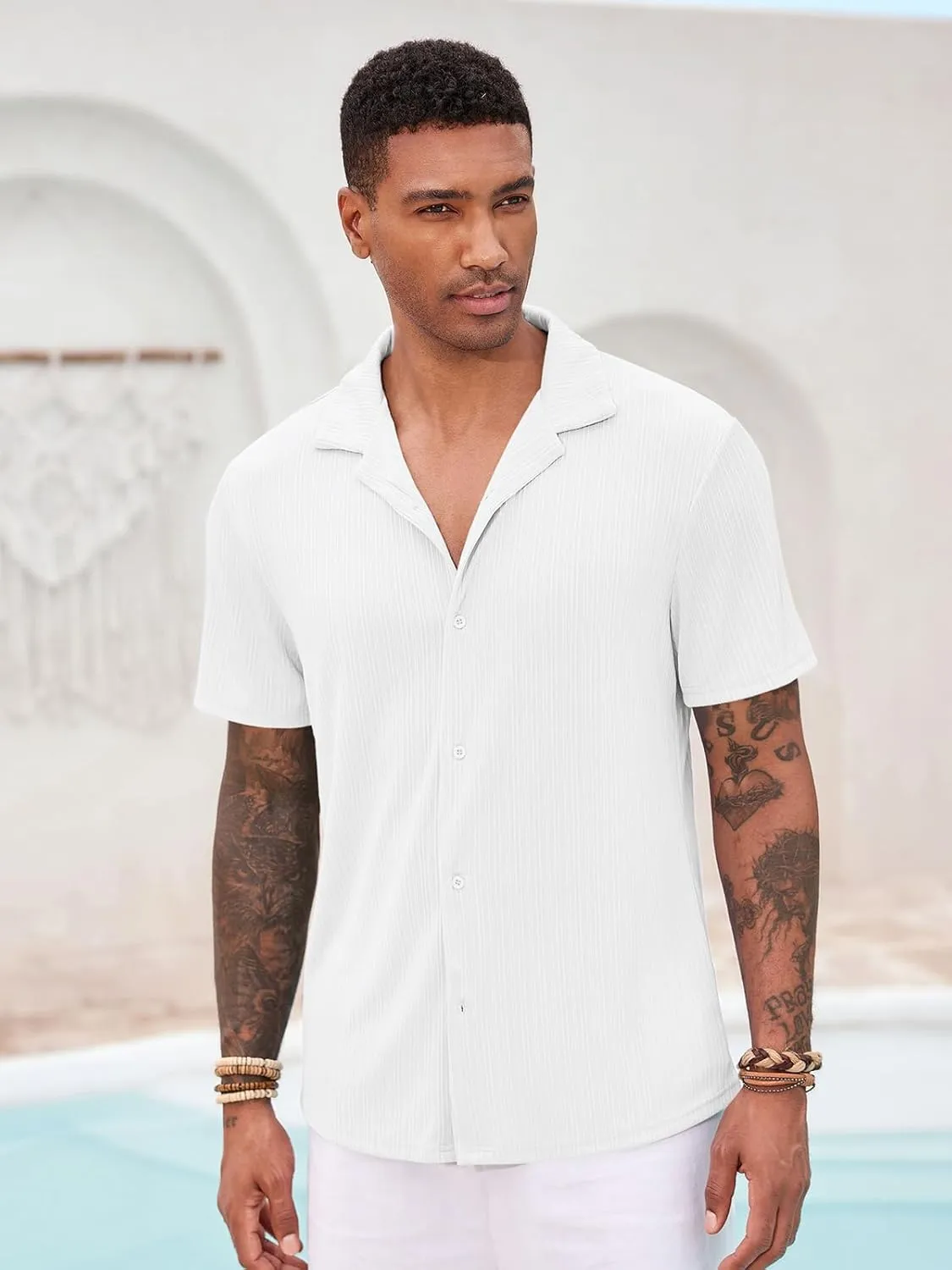 Runcati Mens Casual Button Down Shirts Short Sleeve Cuban Collar Textured Shirt Beach Summer Stretch Tops