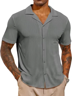 Runcati Mens Casual Button Down Shirts Short Sleeve Cuban Collar Textured Shirt Beach Summer Stretch Tops