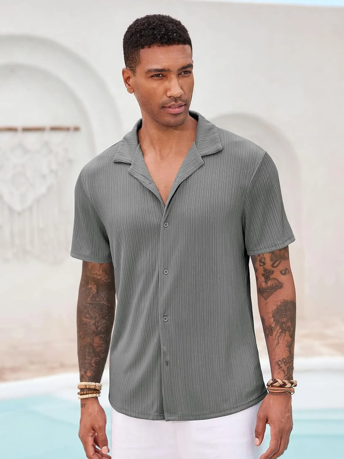 Runcati Mens Casual Button Down Shirts Short Sleeve Cuban Collar Textured Shirt Beach Summer Stretch Tops