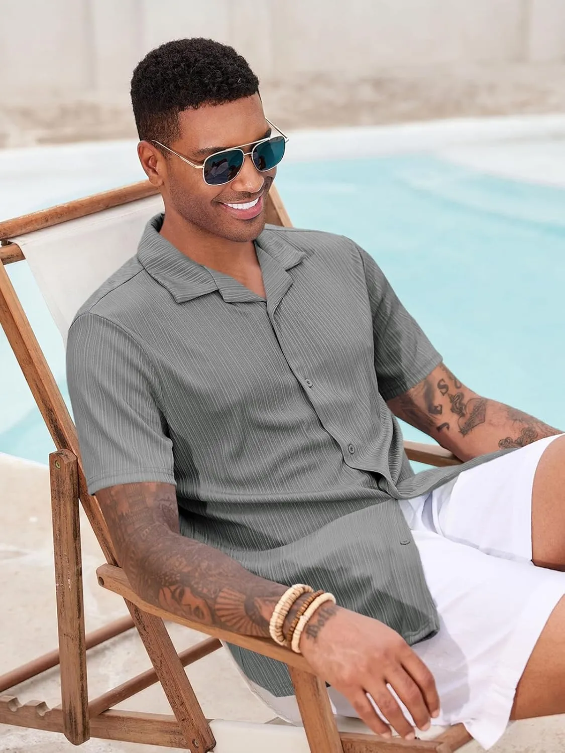 Runcati Mens Casual Button Down Shirts Short Sleeve Cuban Collar Textured Shirt Beach Summer Stretch Tops