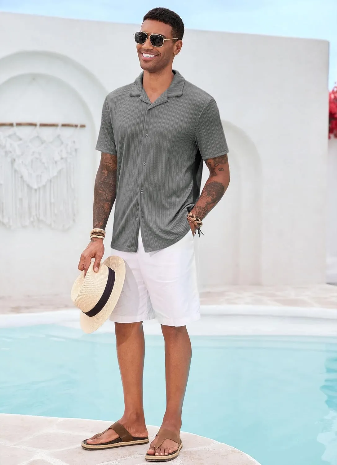 Runcati Mens Casual Button Down Shirts Short Sleeve Cuban Collar Textured Shirt Beach Summer Stretch Tops
