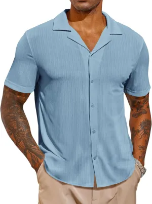 Runcati Mens Casual Button Down Shirts Short Sleeve Cuban Collar Textured Shirt Beach Summer Stretch Tops