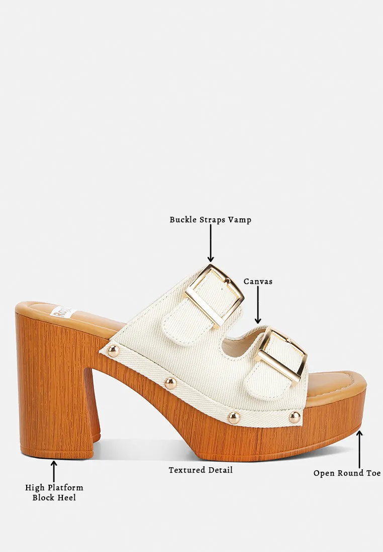 Sarai Buckle Straps High Block Heel Clogs In Beige
