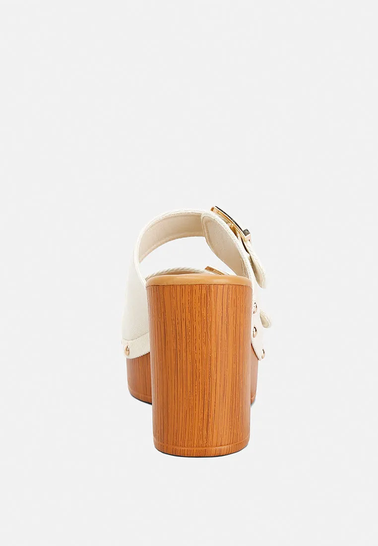 Sarai Buckle Straps High Block Heel Clogs In Beige