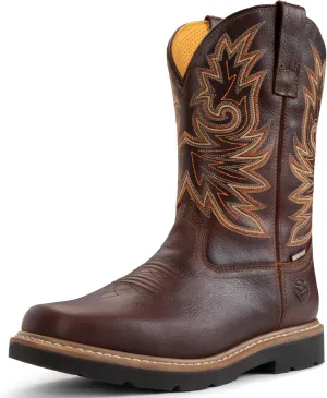 SUREWAY Cowboy Boots for Men,Full Grain Leather Square Toe Men's Western Boots with Classic Embroidered,Soft/Steel Toe Waterproof Pull on Work Boots Oil/Slip Resistant,Steel Toe Dark Brown,Size 10.5
