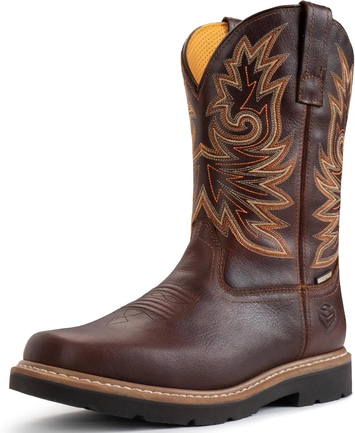 SUREWAY Cowboy Boots for Men,Full Grain Leather Square Toe Men's Western Boots with Classic Embroidered,Soft/Steel Toe Waterproof Pull on Work Boots Oil/Slip Resistant,Steel Toe Dark Brown,Size 10.5